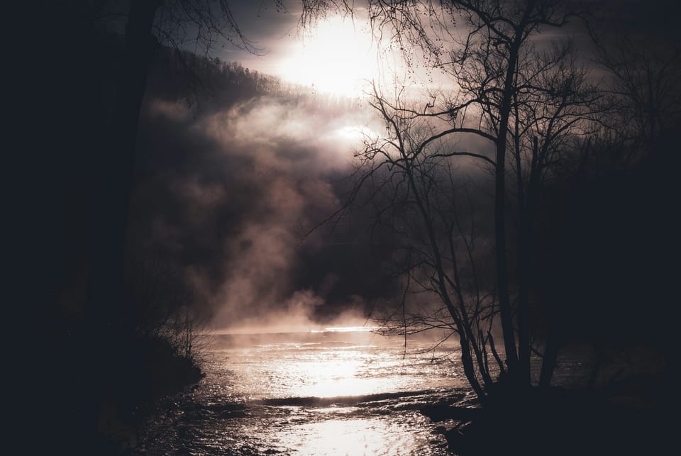 Misty river at dusk with silhouetted trees and glowing light through fog.